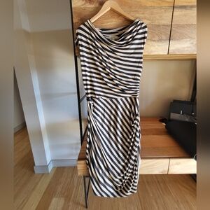 Striped Midi Dress by Bordeaux, Size Medium, Dark Gray & Beige